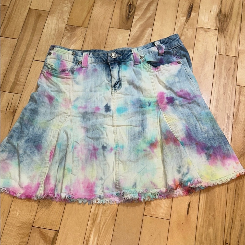 Vintage BONGO Multicolored Mini Skater Tie Dyed Jean Skirt